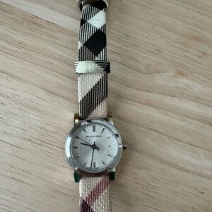 Burberry Silver Watch with Cream and Black Checkered Strap